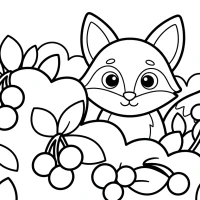 cute fox peeking behind berry bush