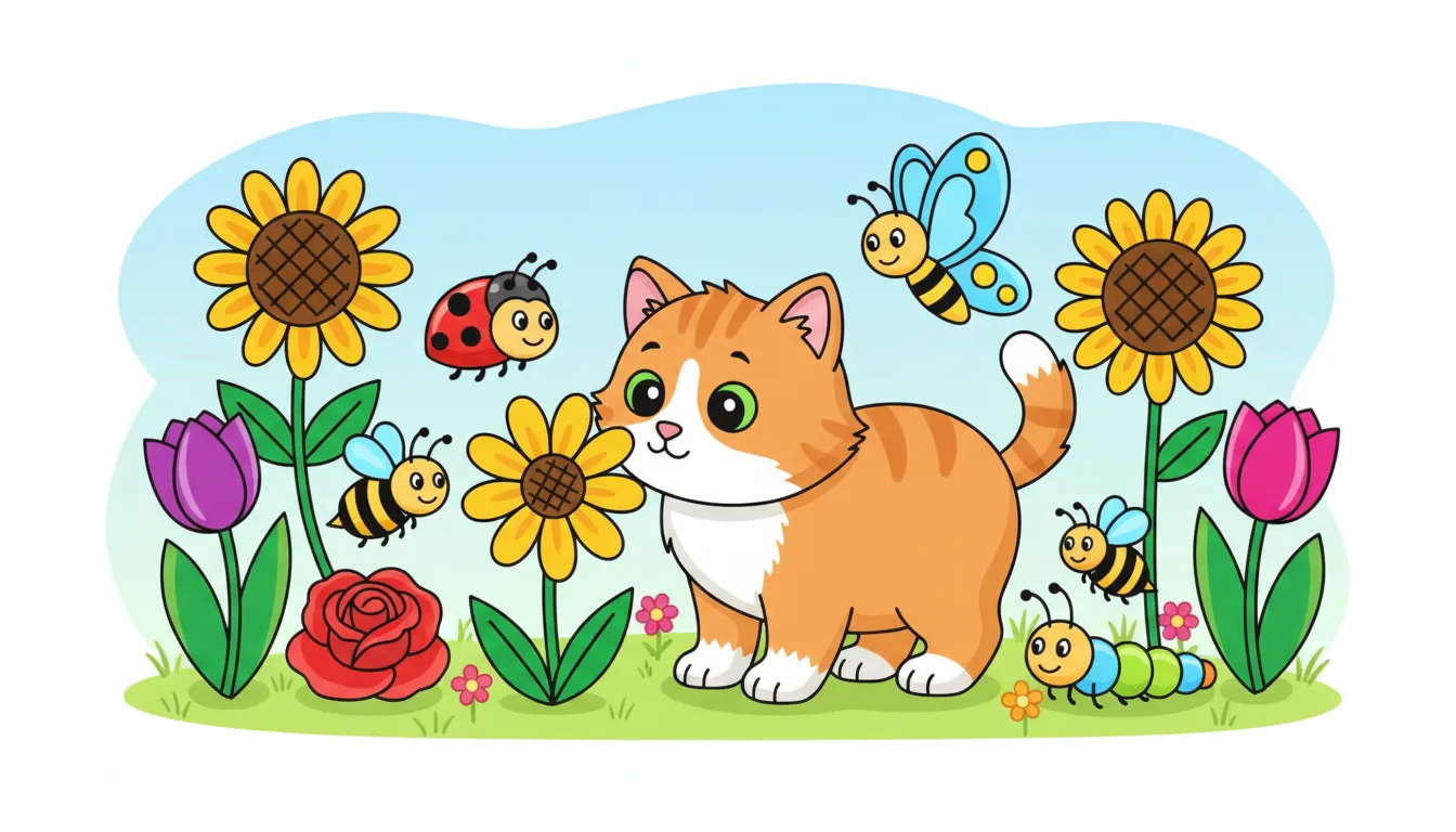 Curious kitten exploring garden with flowers and bugs coloring page to print