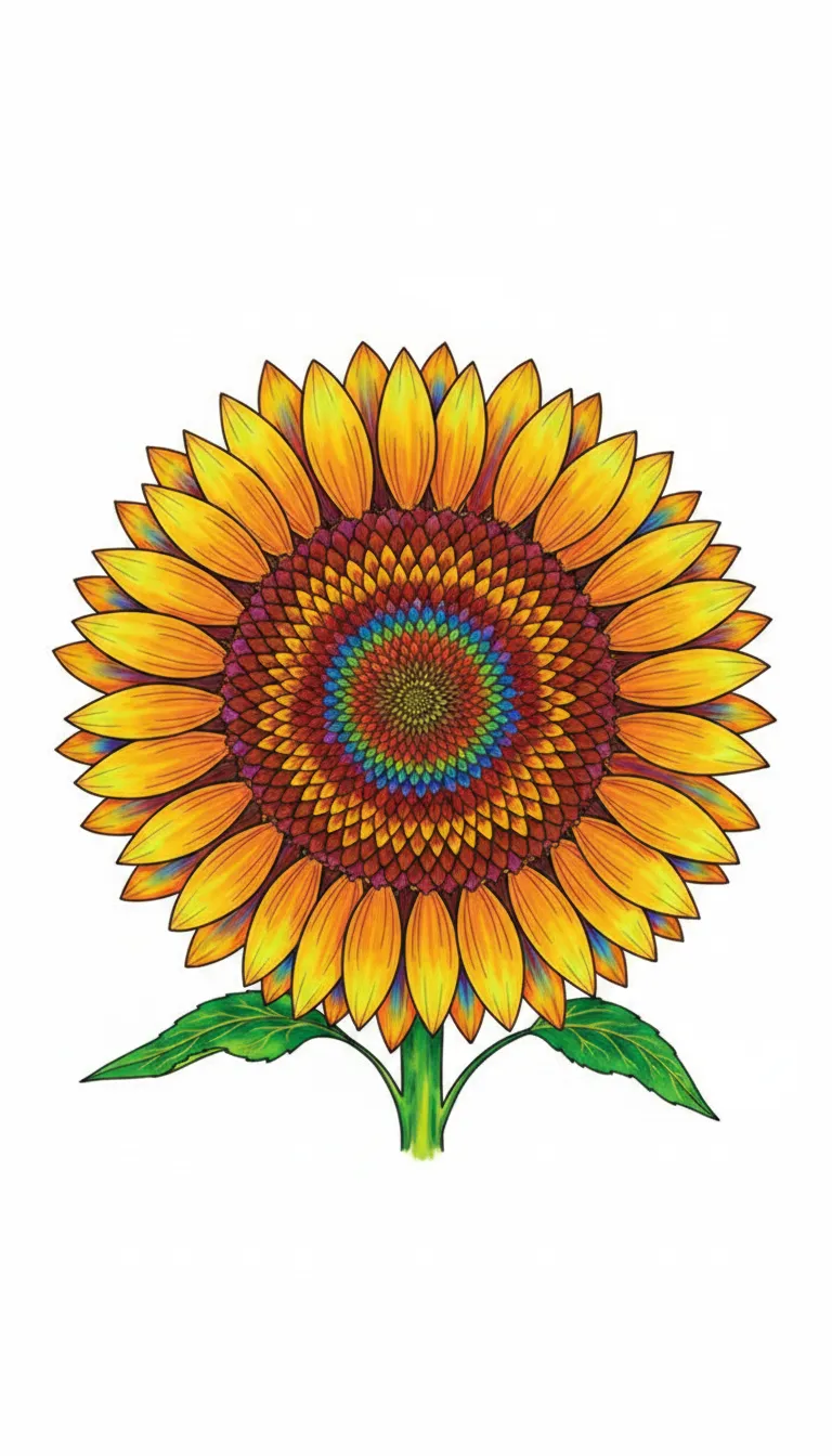 A detailed diagram of a sunflower showing its seeds and petals. coloring page to print