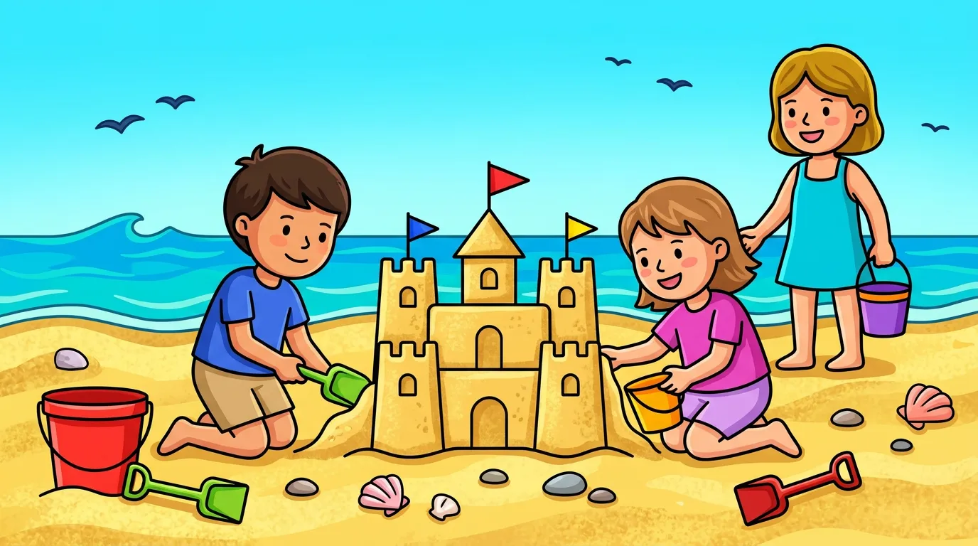 A lively scene of children building a sandcastle on the beach. coloring page to print
