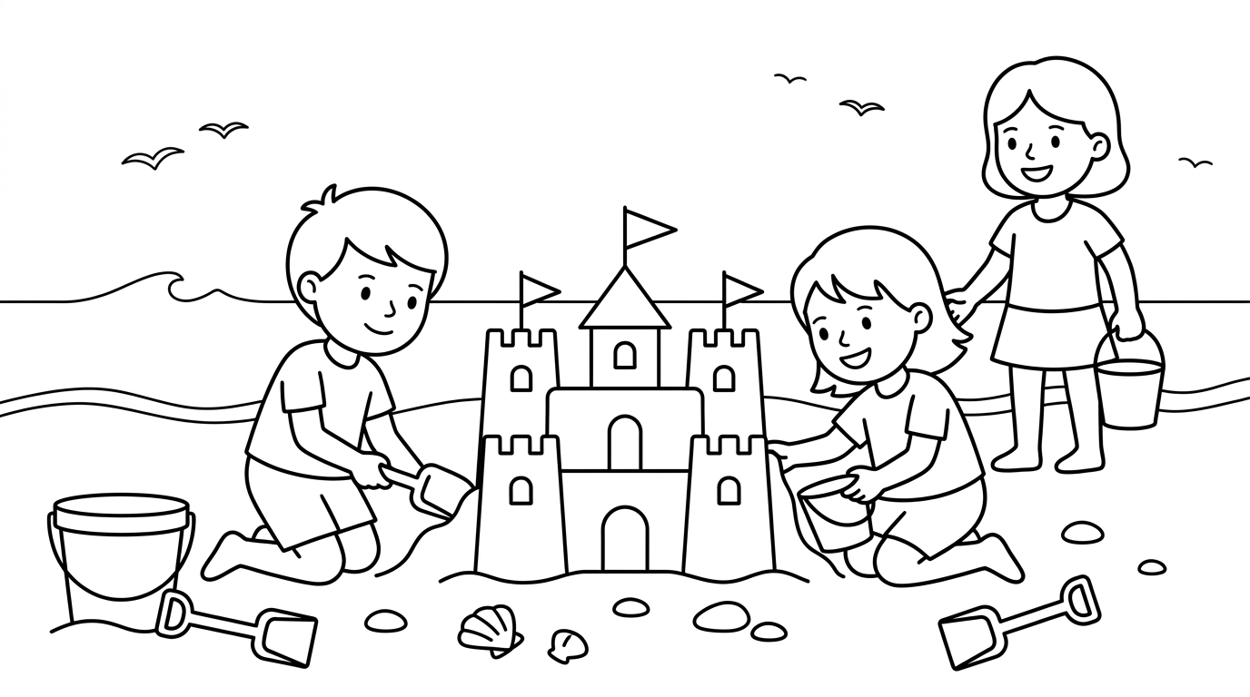 A lively scene of children building a sandcastle on the beach. coloring page to print