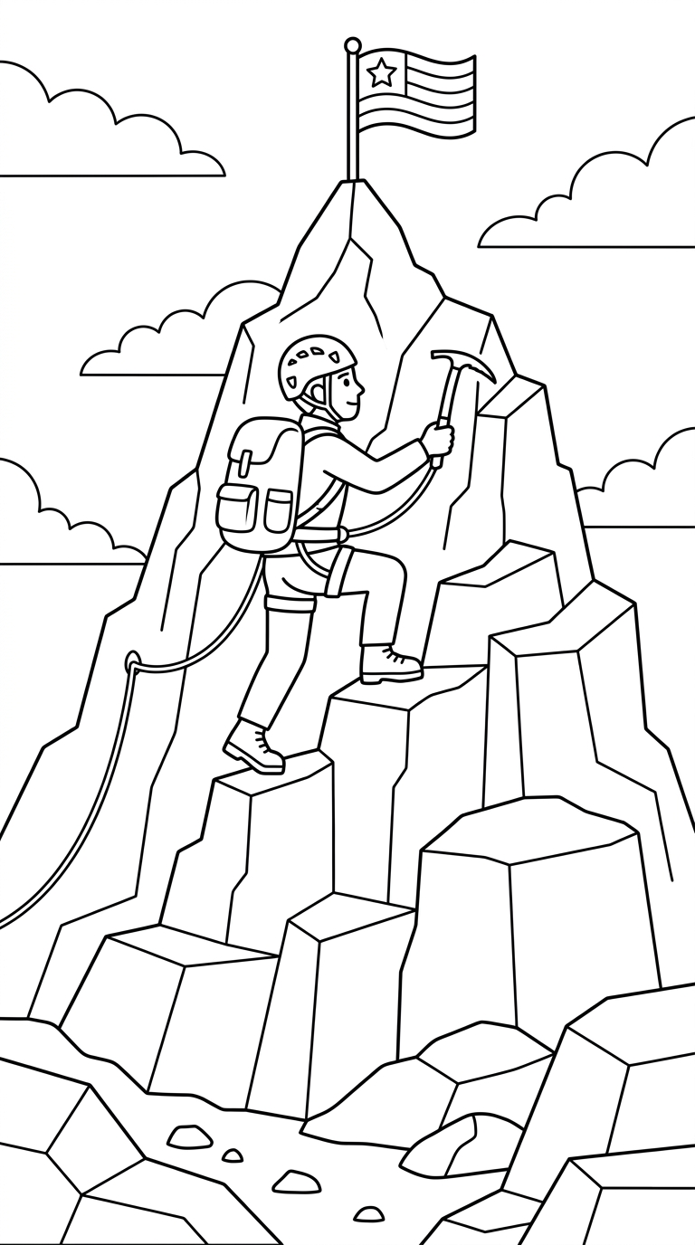 A mountain climber scaling a steep peak with a flag at the top. coloring page to print