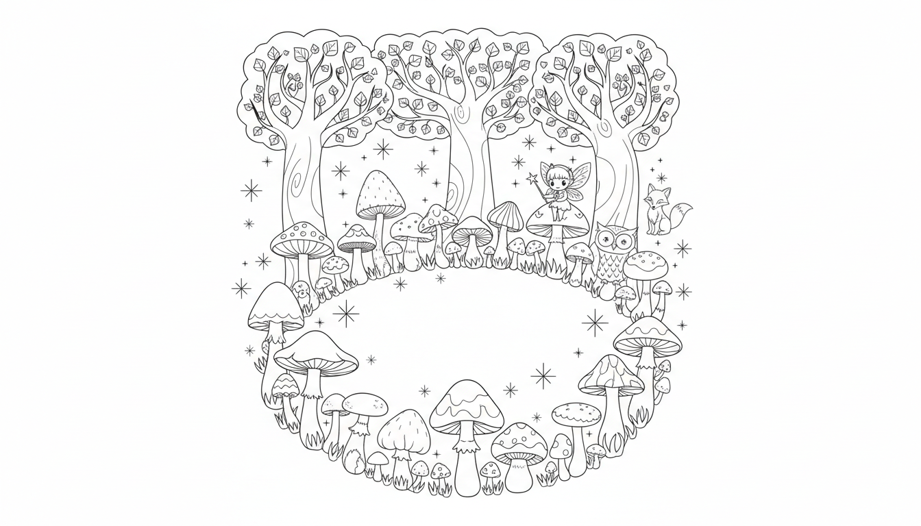 magical forest fairy circle with lights coloring page to print