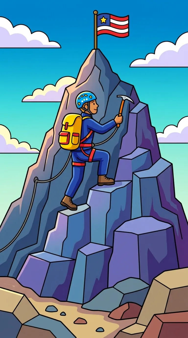 A mountain climber scaling a steep peak with a flag at the top. coloring page to print