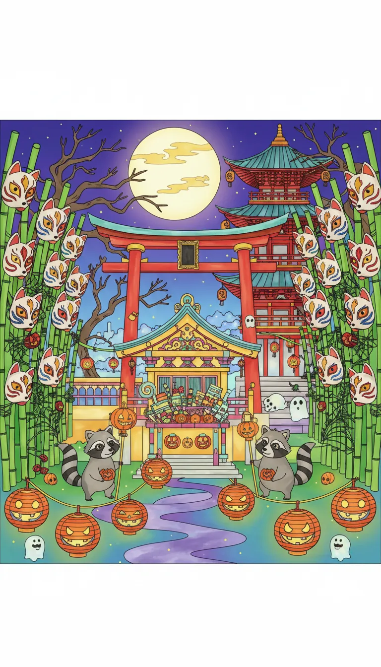 Japanese temple courtyard Halloween with kitsune masks and lanterns coloring page to print