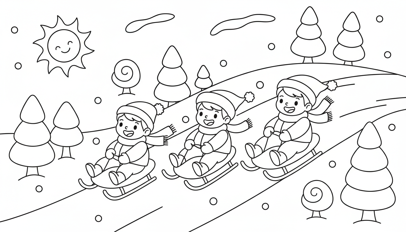 Children sledding on snowy hill with trees coloring page to print