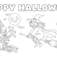 A witch flying on a broomstick over a spooky house on Halloween night.