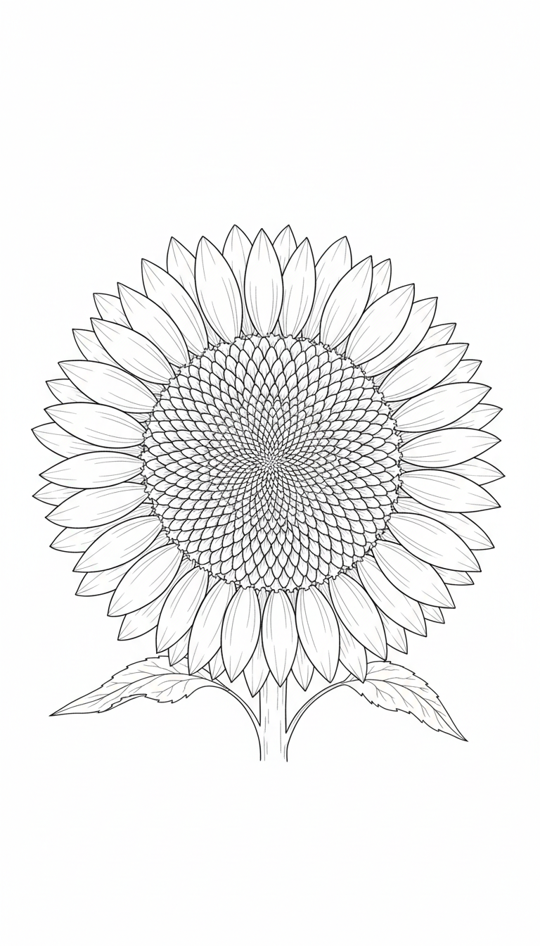 A detailed diagram of a sunflower showing its seeds and petals. coloring page to print