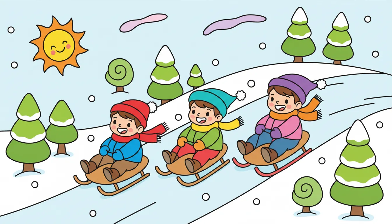 Children sledding on snowy hill with trees coloring page to print