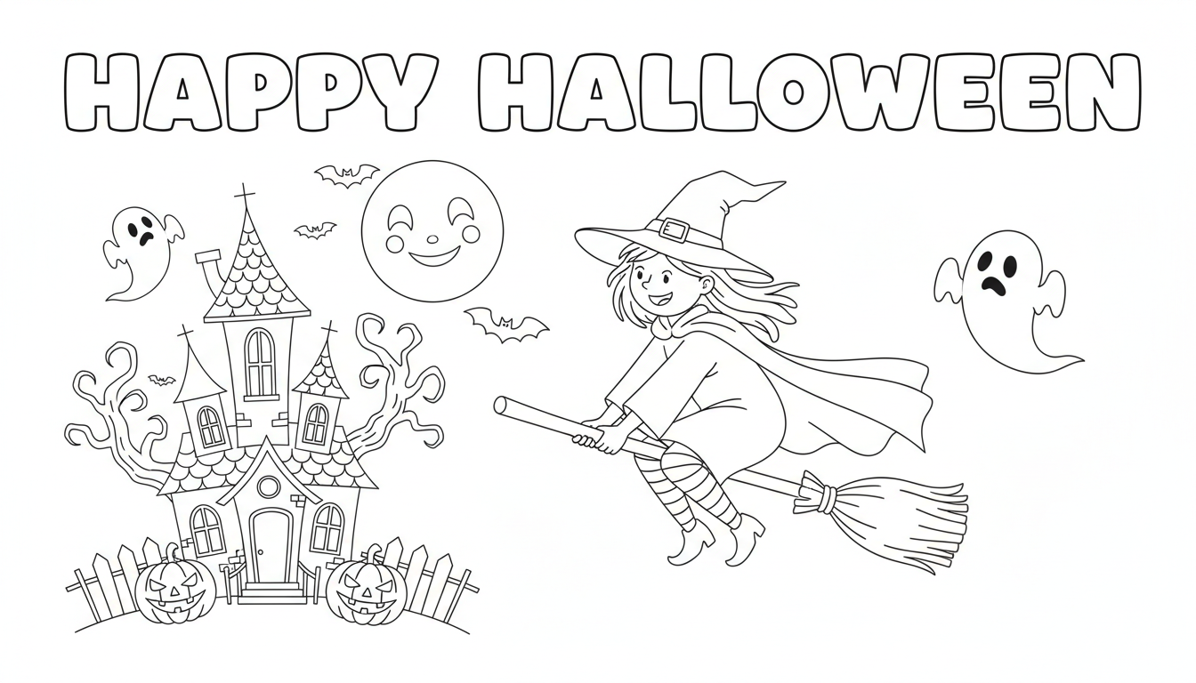 A witch flying on a broomstick over a spooky house on Halloween night. coloring page to print