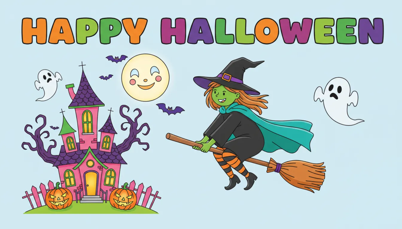 A witch flying on a broomstick over a spooky house on Halloween night. coloring page to print