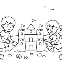 A lively scene of children building a sandcastle on the beach.