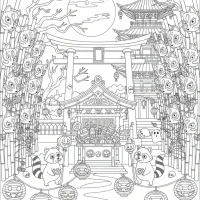 Japanese temple courtyard Halloween with kitsune masks and lanterns