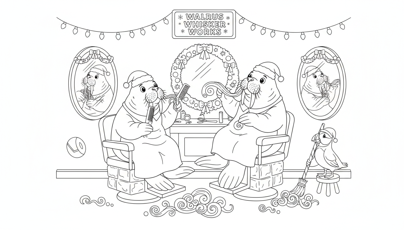 Christmas fun at the polar barber shop coloring page to print