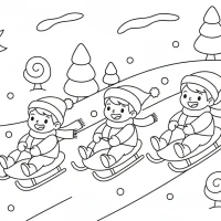 Children sledding on snowy hill with trees