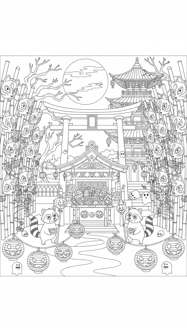 Japanese temple courtyard Halloween with kitsune masks and lanterns coloring page to print