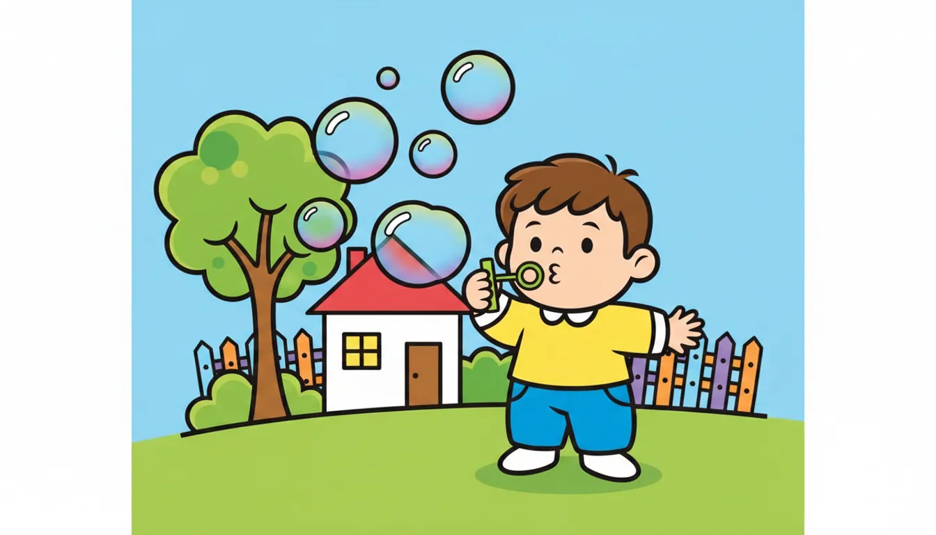 child blowing bubbles in the yard coloring page to print