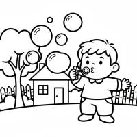 child blowing bubbles in the yard