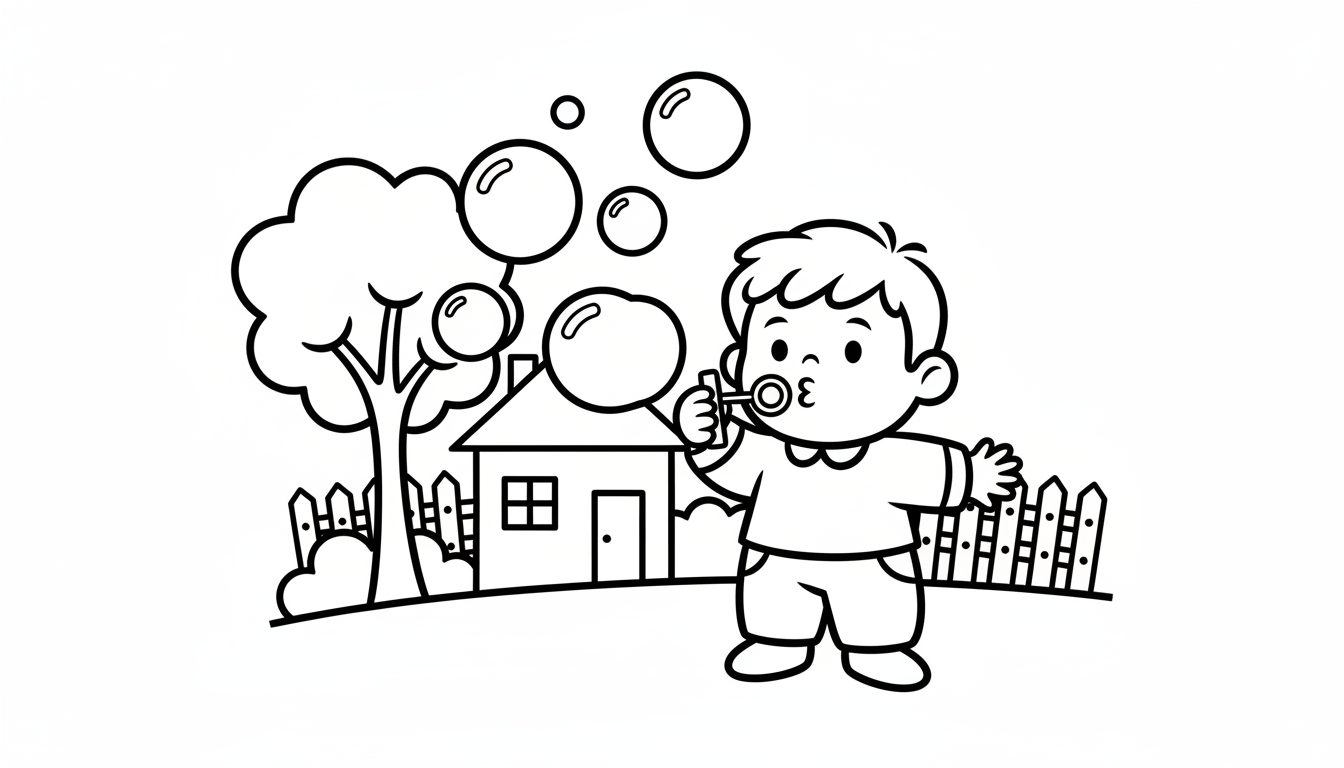 child blowing bubbles in the yard coloring page to print
