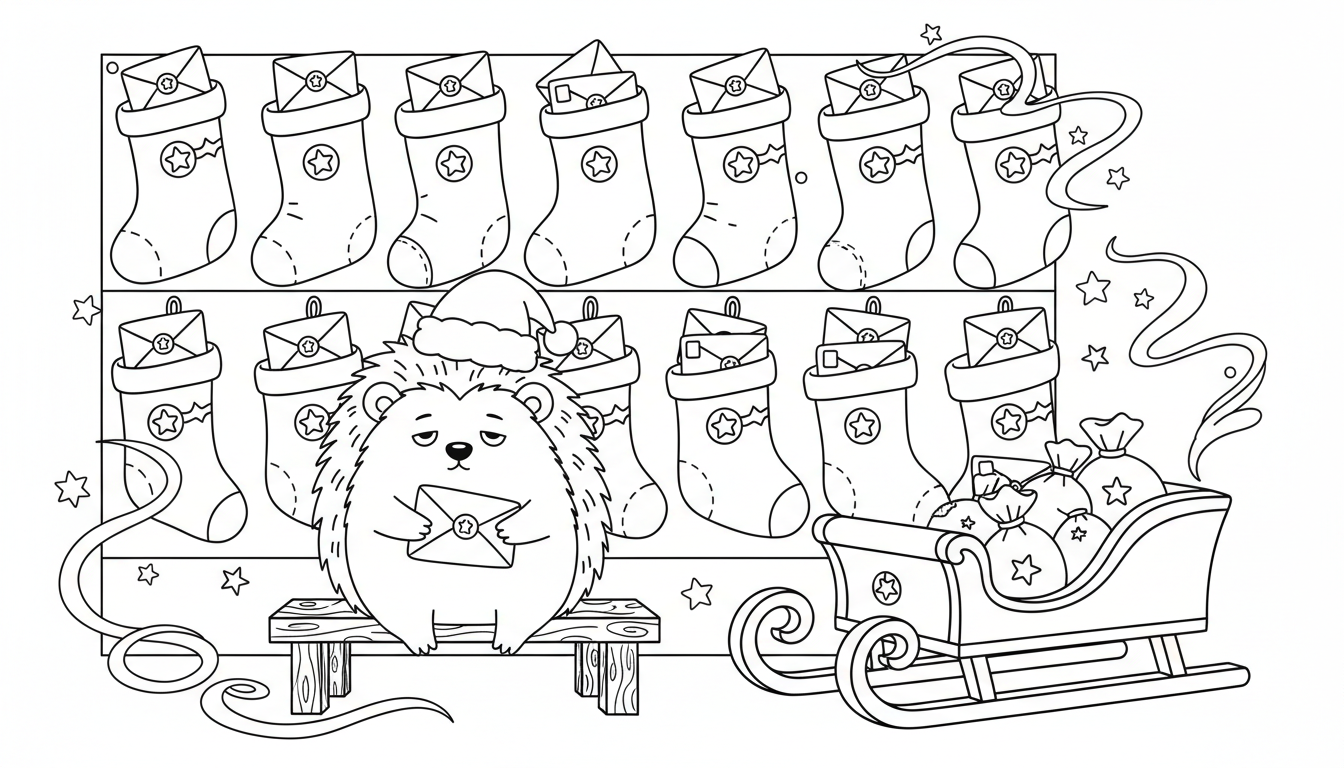 Christmas hedgehog sorting star-stamped letters coloring page to print
