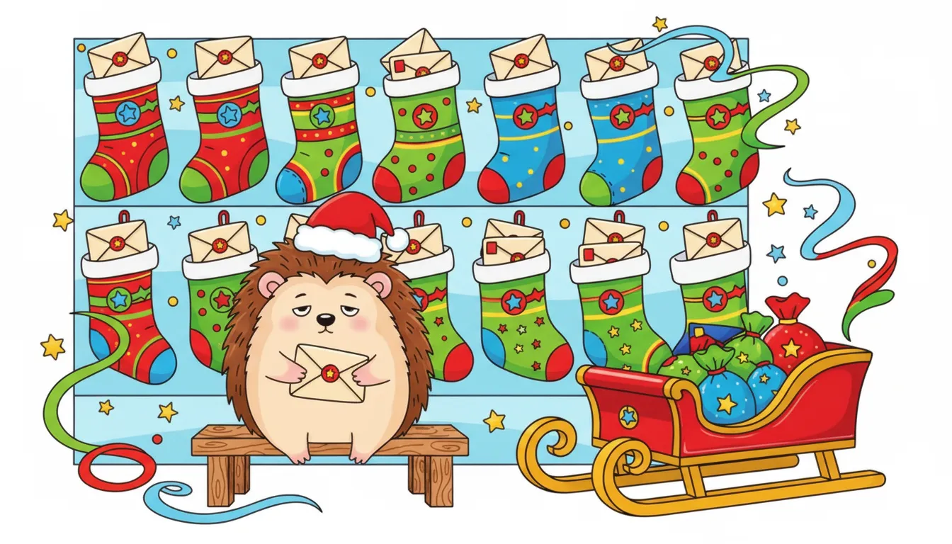 Christmas hedgehog sorting star-stamped letters coloring page to print