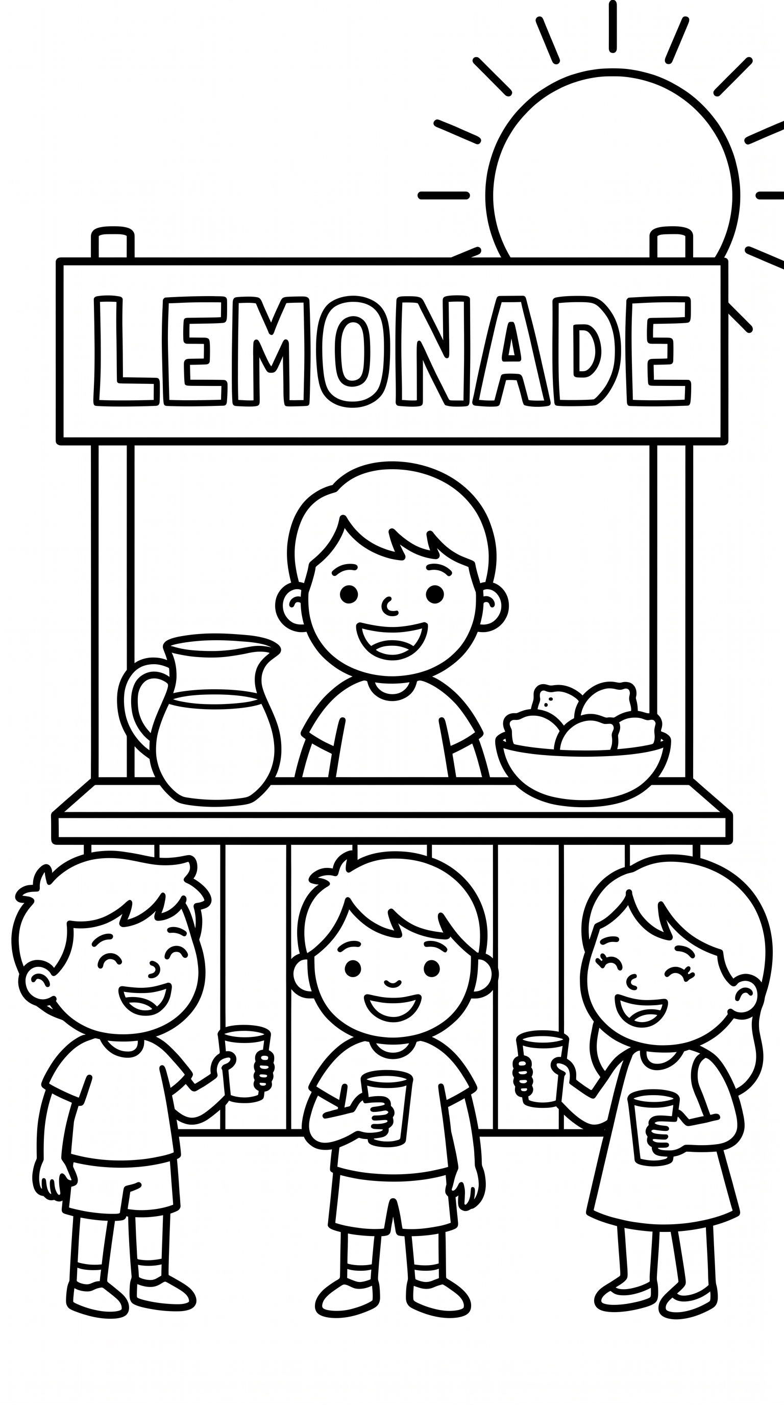 Children at a lemonade stand on a sunny day coloring page to print