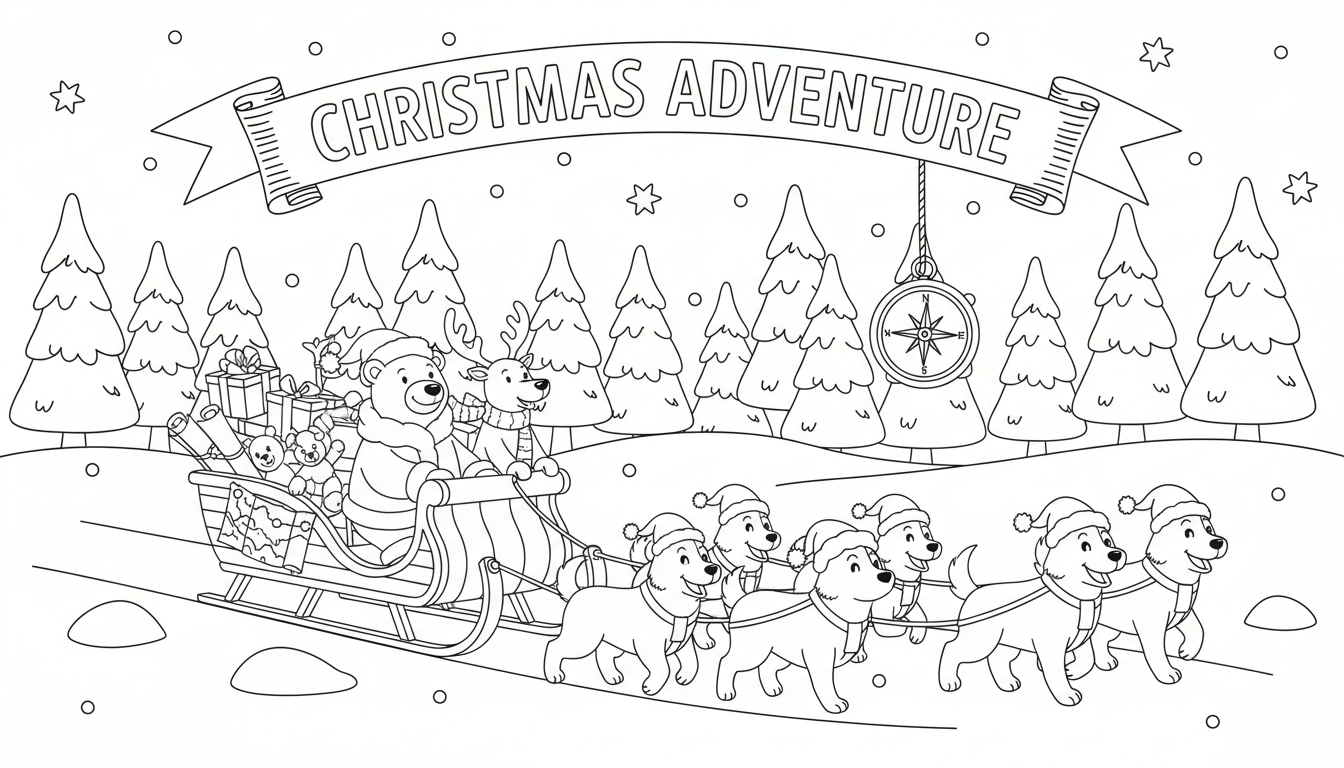 Christmas dog sled adventure through pine valleys coloring page to print
