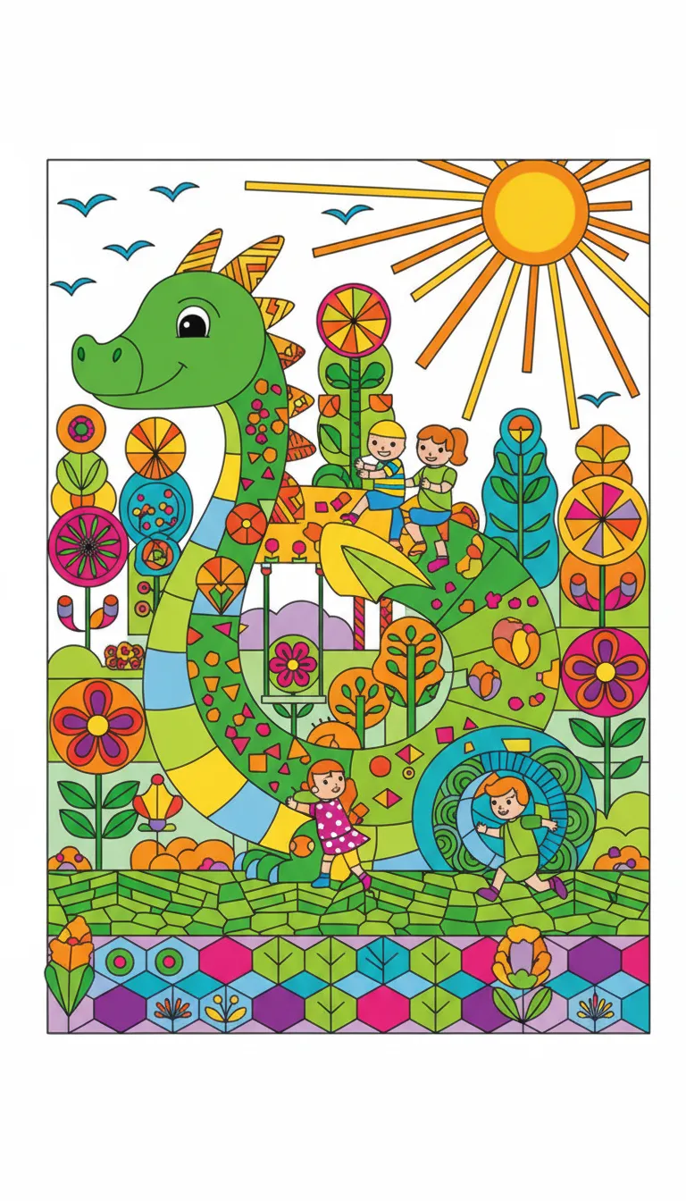 friendly dragon playing in park coloring page to print