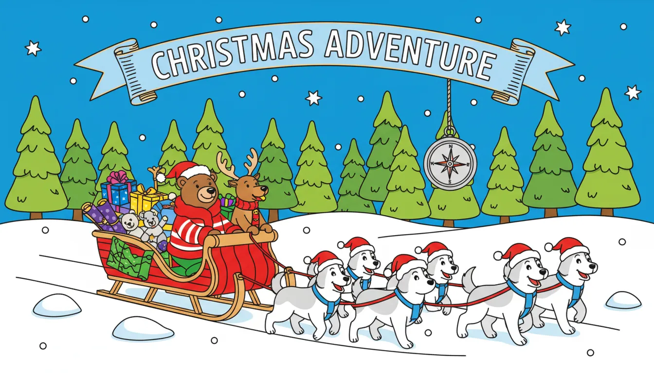 Christmas dog sled adventure through pine valleys coloring page to print