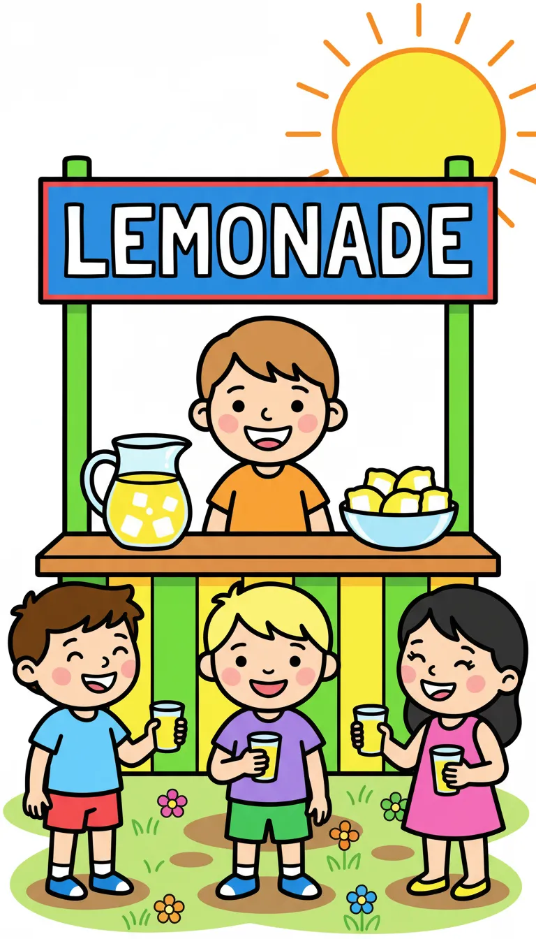 Children at a lemonade stand on a sunny day coloring page to print