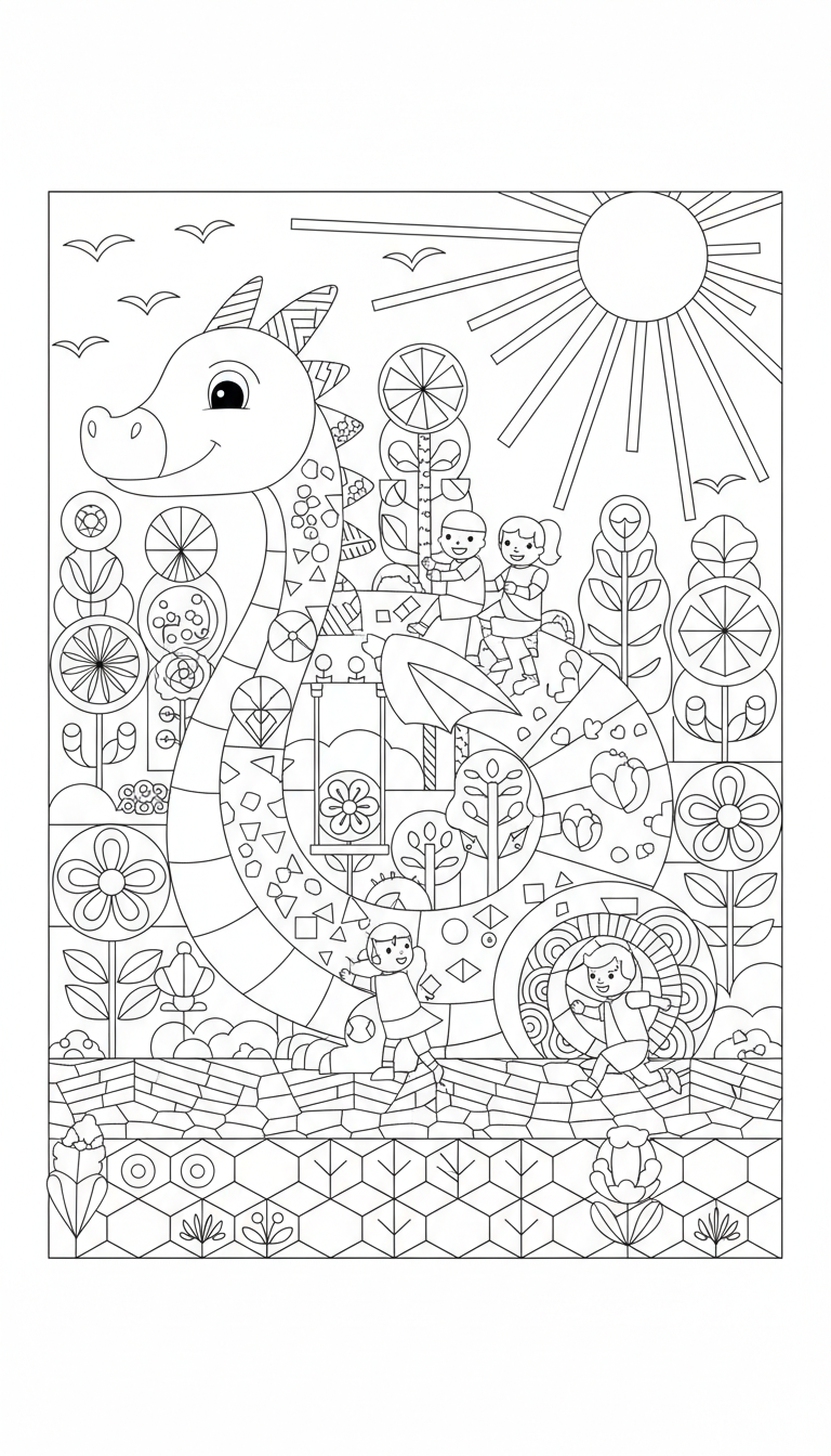 friendly dragon playing in park coloring page to print