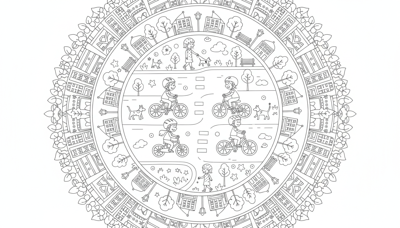 busy street with children biking and families walking coloring page to print