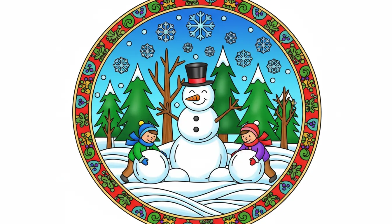 Snowy scene with a snowman and children coloring page to print