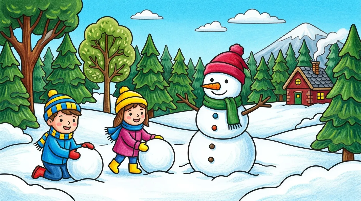 Snowy winter scene with snowman and children coloring page to print