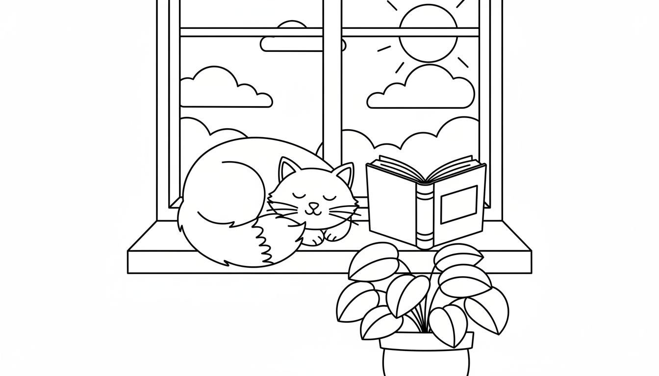 cozy scene of a cat on windowsill with book coloring page to print