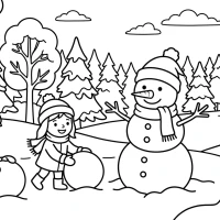 Snowy winter scene with snowman and children