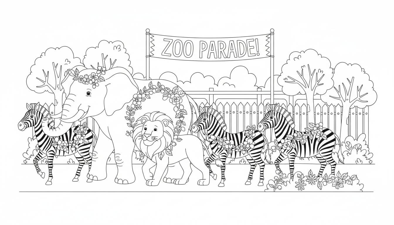 lively zoo parade of animals including elephants, lions and zebras coloring page to print