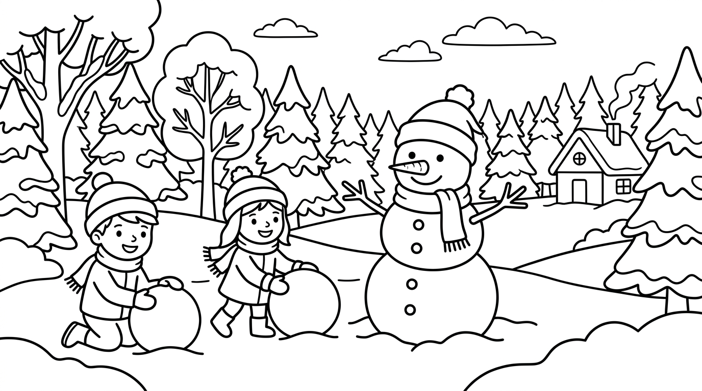 Snowy winter scene with snowman and children coloring page to print