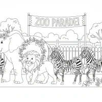 lively zoo parade of animals including elephants, lions and zebras