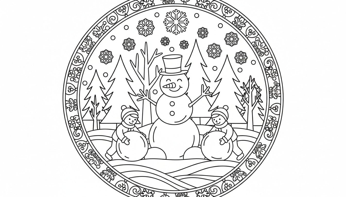 Snowy scene with a snowman and children coloring page to print