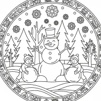 Snowy scene with a snowman and children