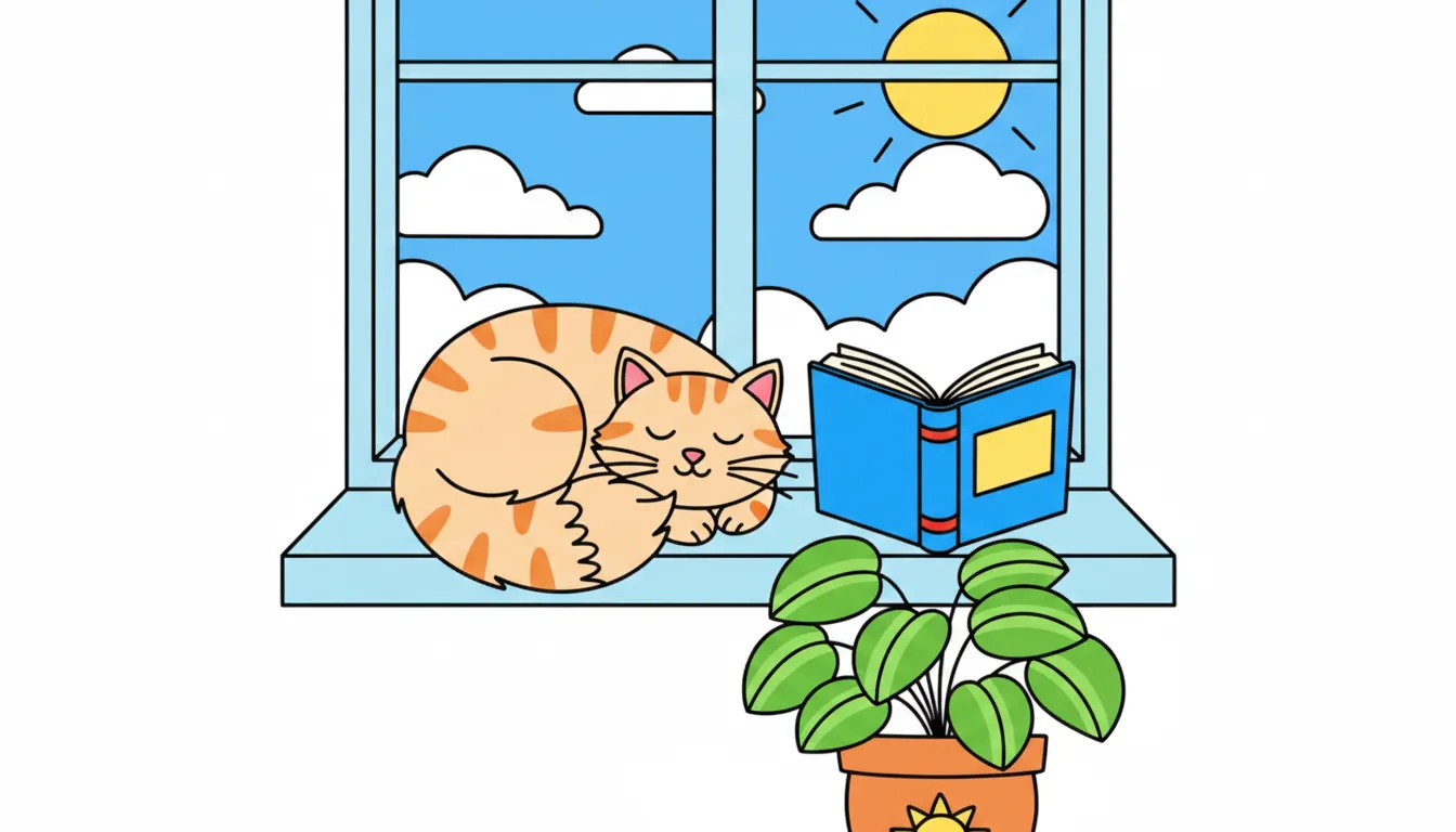 cozy scene of a cat on windowsill with book coloring page to print