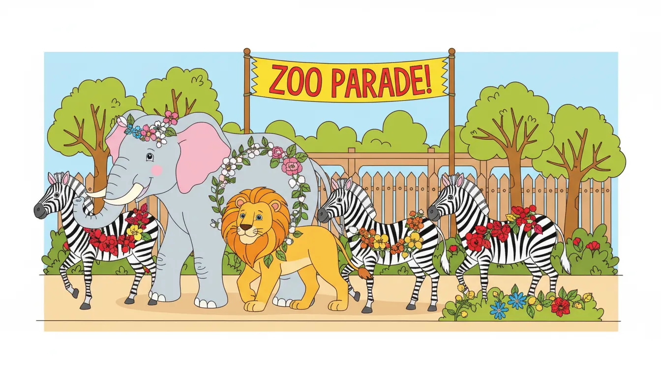 lively zoo parade of animals including elephants, lions and zebras coloring page to print