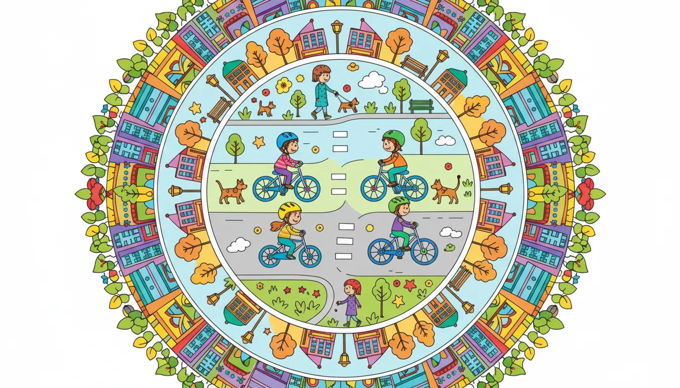 busy street with children biking and families walking coloring page to print