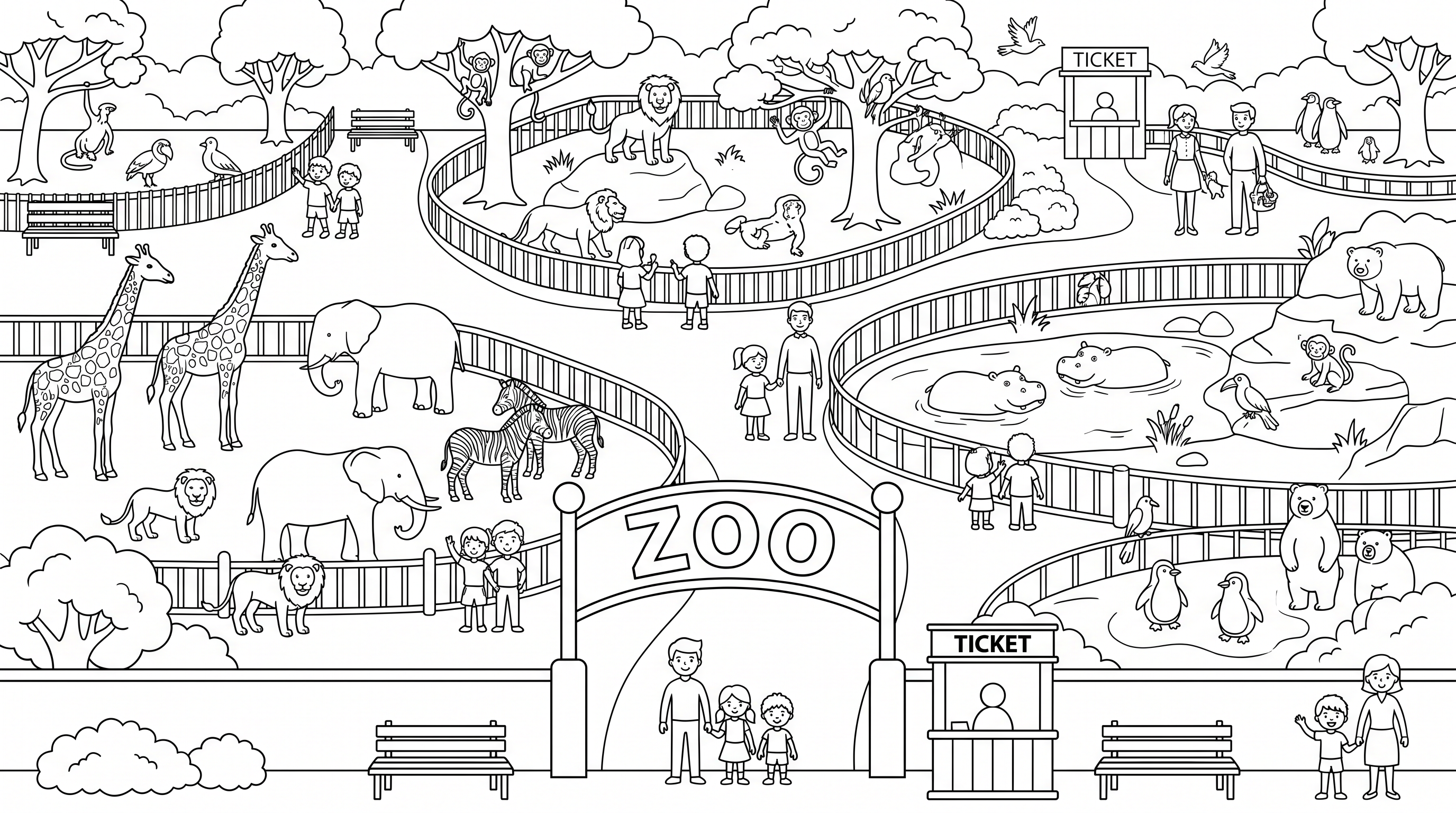 A busy zoo with animals like giraffes, elephants, and zebras. coloring page to print