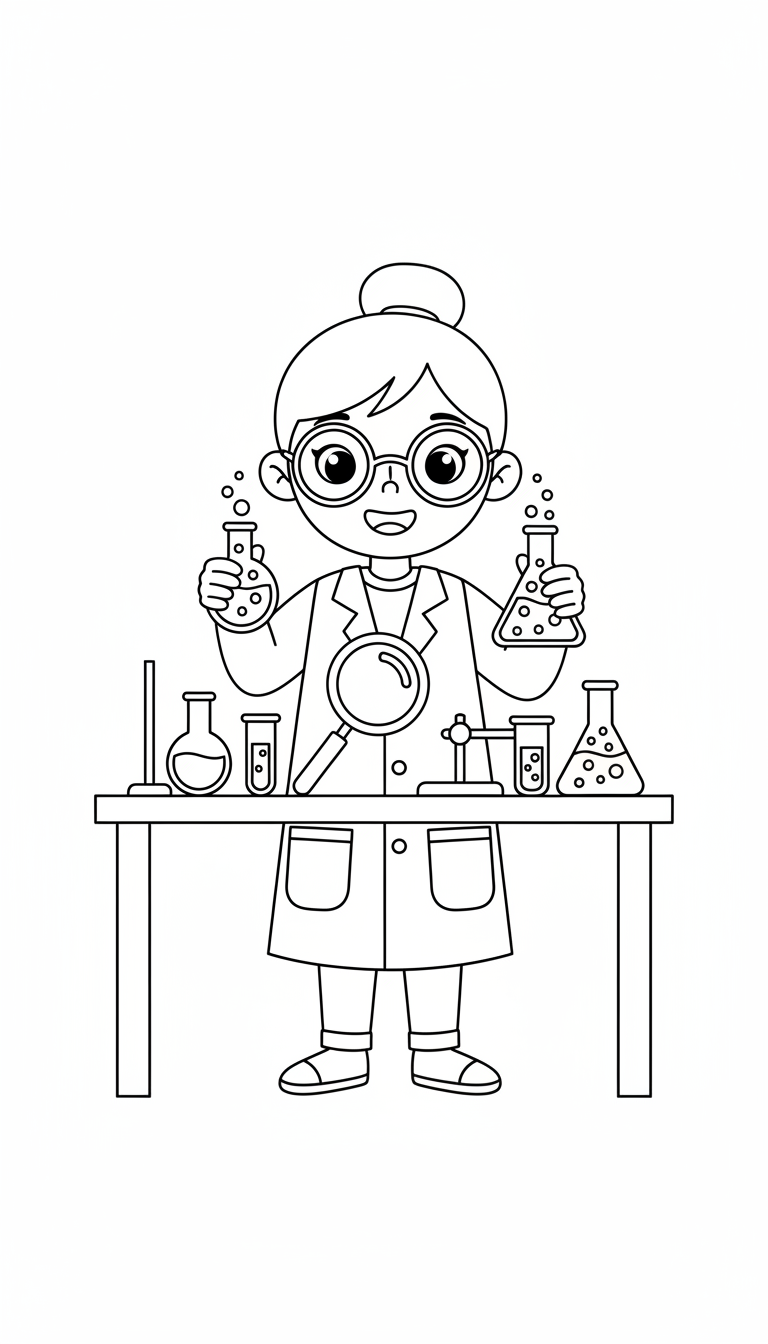 Young scientist in lab coat with test tubes coloring page to print