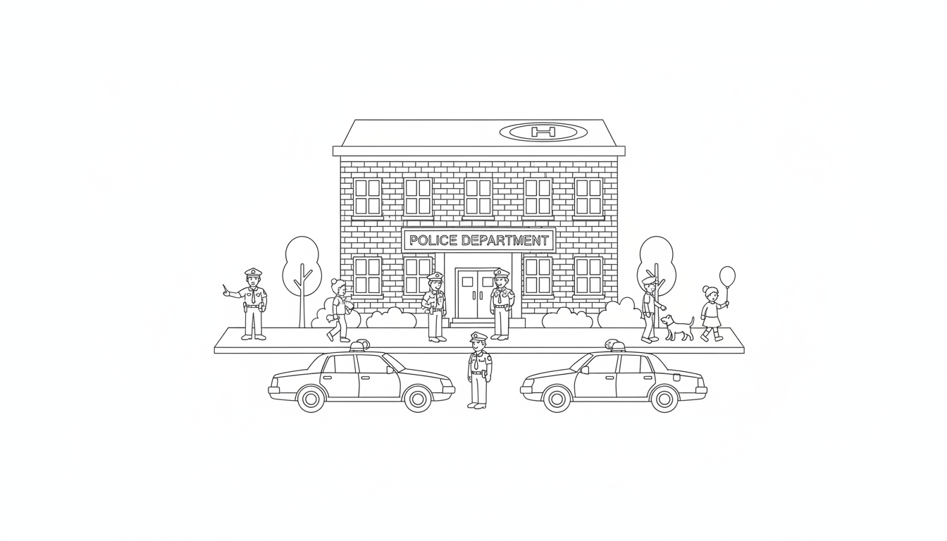 Busy police station with officers and vehicles coloring page to print