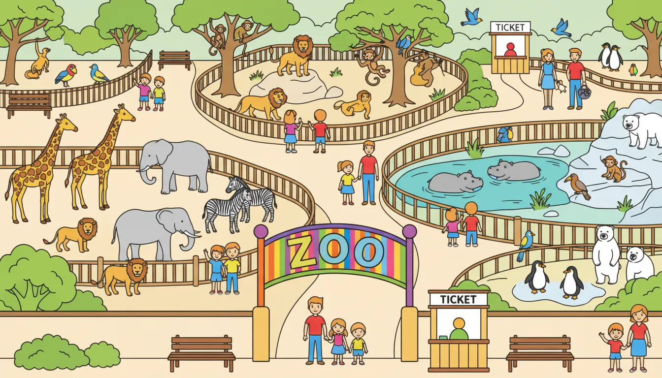 A busy zoo with animals like giraffes, elephants, and zebras. coloring page to print