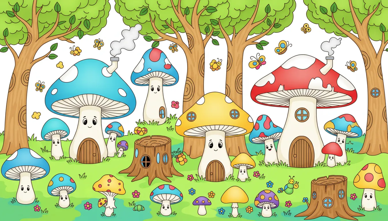 Whimsical forest with fairy houses and mushrooms coloring page to print