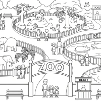 A busy zoo with animals like giraffes, elephants, and zebras.